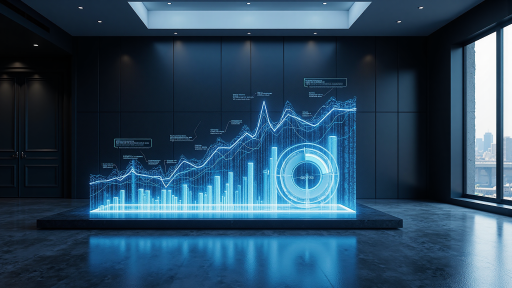 金融科技场景，数据分析图表界面，蓝色背景